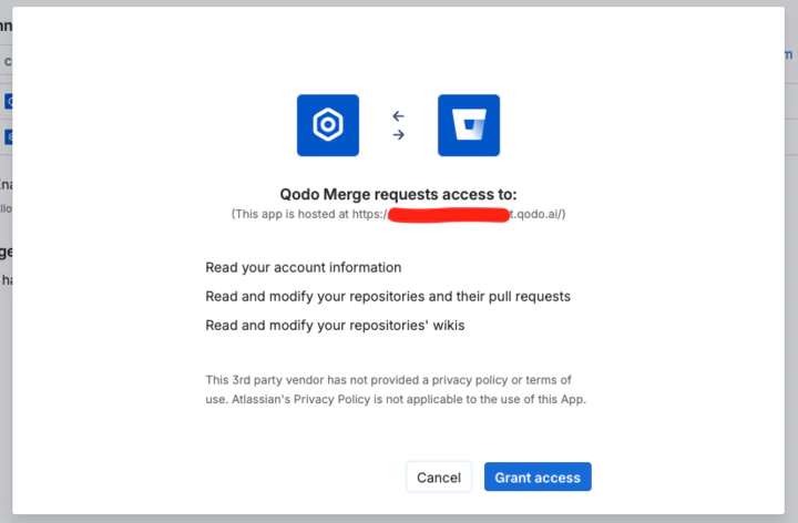 Bitbucket app authorization popup with Grant access button