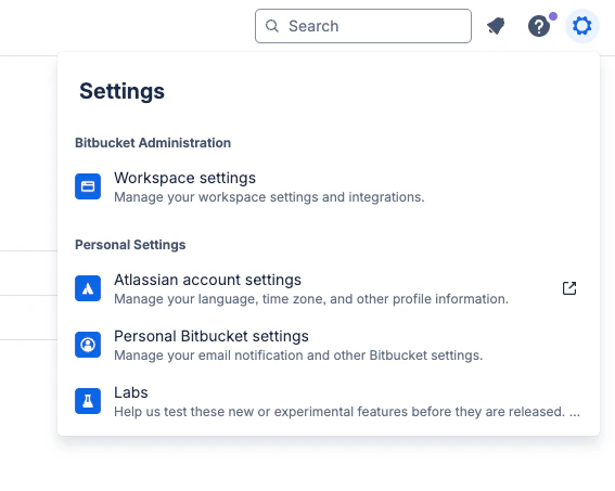 Bitbucket workspace settings cog icon menu navigation