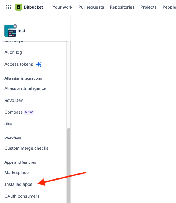 Bitbucket workspace settings showing Installed apps in left navigation