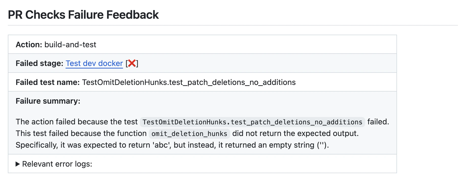 Expanded CI check failure details shown in a pull request comment
