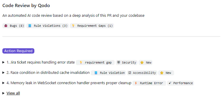 Code review summary showing finding counts by category including bugs and rule violations