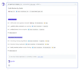 Qodo code review findings panel showing prioritized issues in a pull request