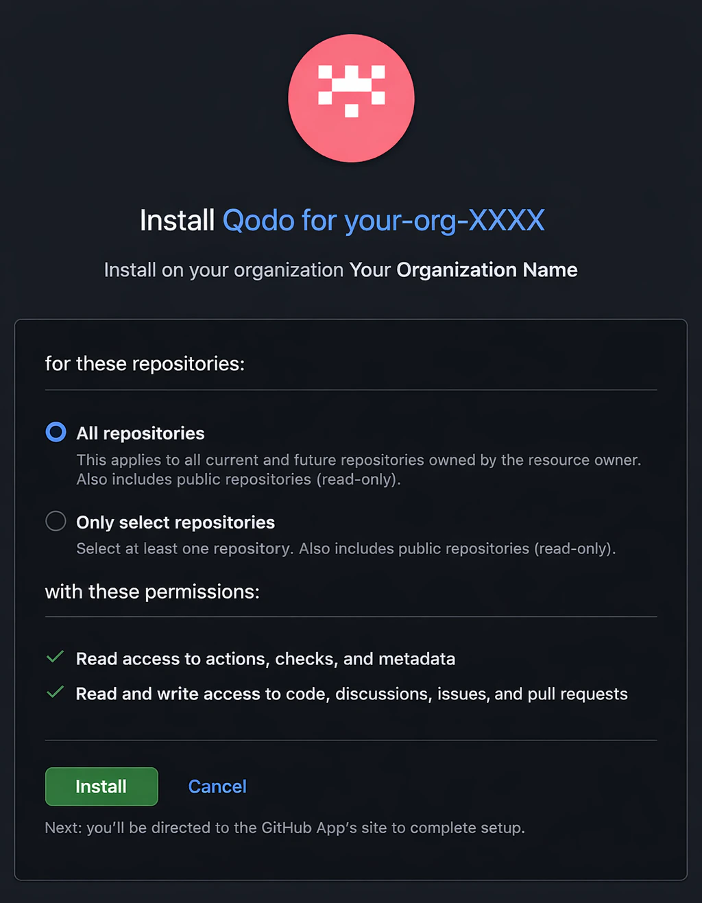 GitHub App installation page showing repository access permission options