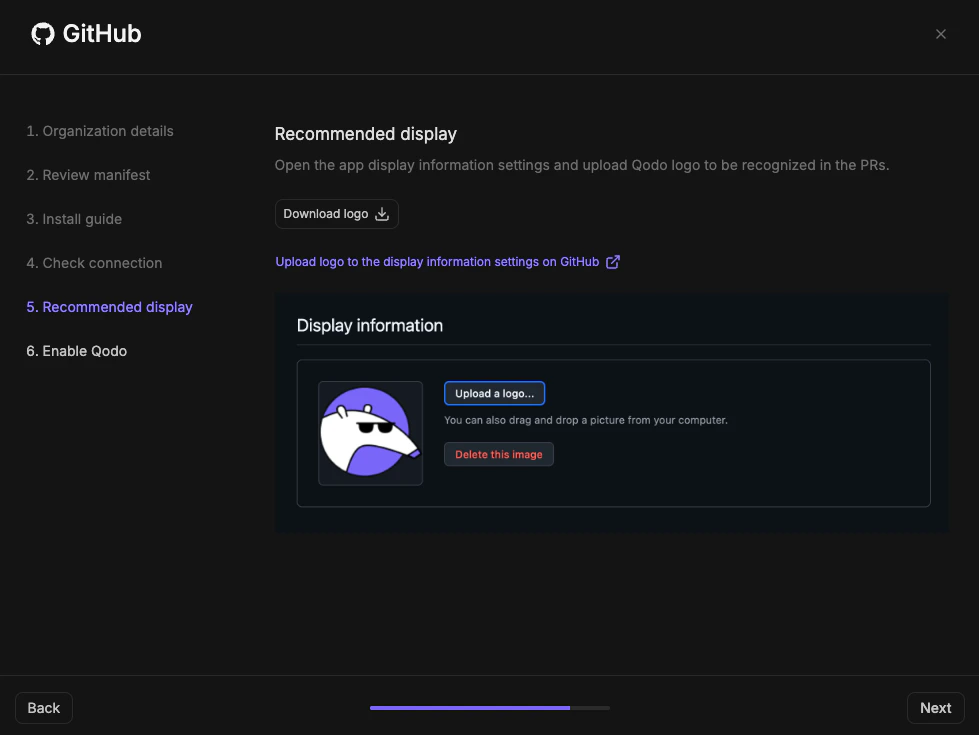 GitHub integration wizard display configuration step with logo upload option