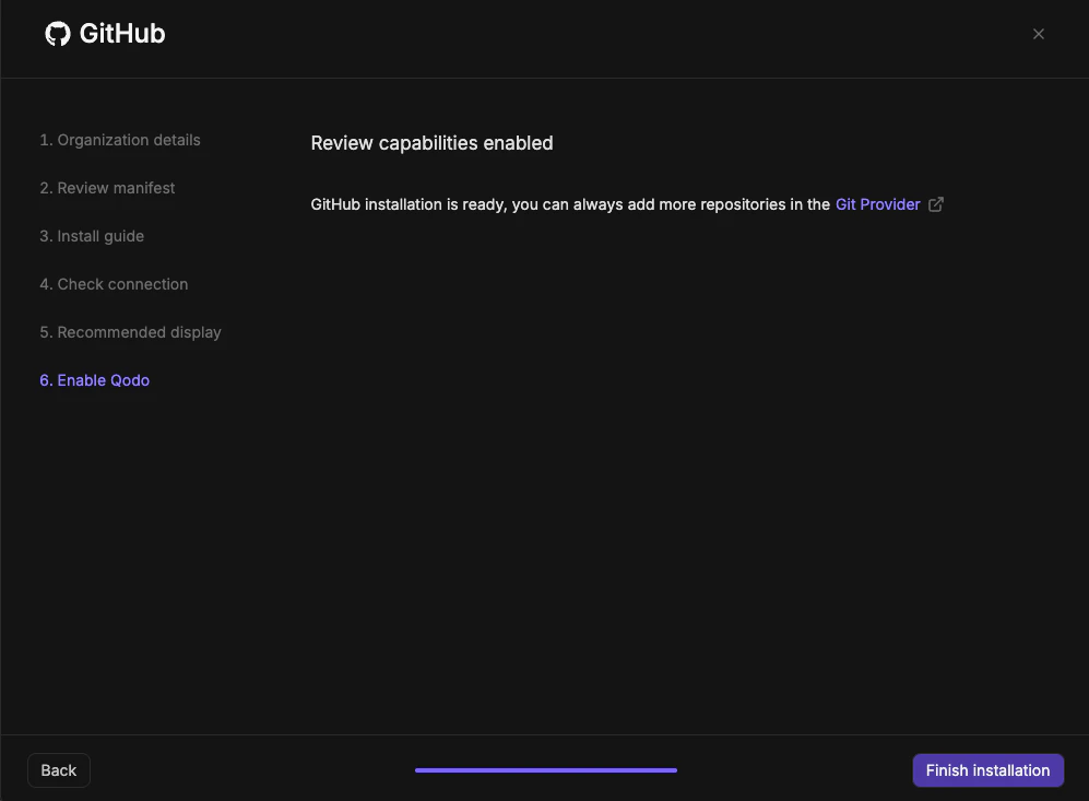 GitHub integration wizard final step with Finish Installation button
