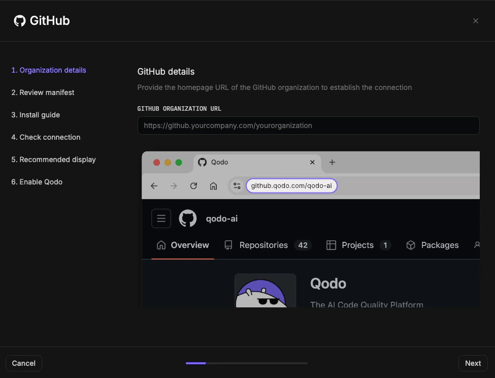 GitHub integration wizard step showing organization homepage URL field
