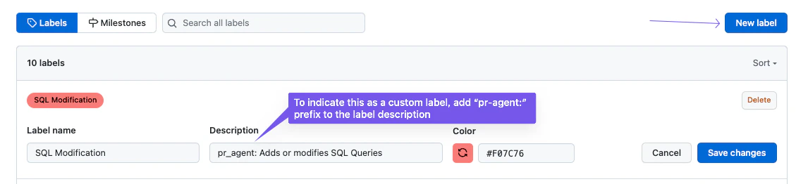 Custom label configuration showing label name and description fields in the portal