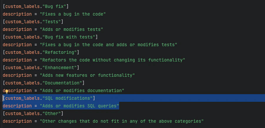 Custom labels list showing configured labels with names and descriptions