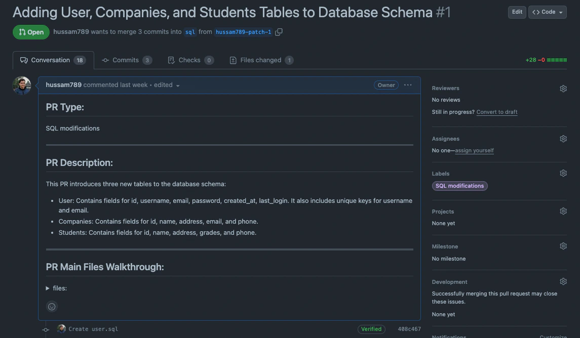 Qodo suggesting a custom label on a pull request with SQL-related changes