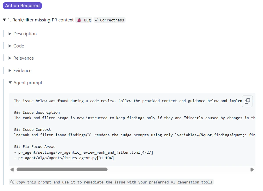 Code review finding agent prompt for applying the suggested fix with AI assistance