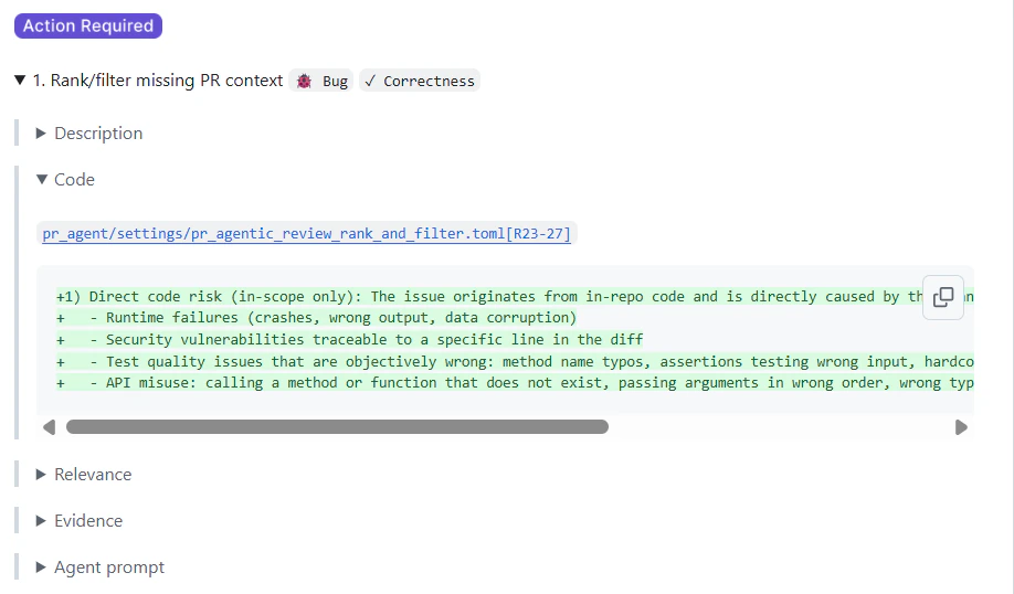 Code review finding code reference showing relevant snippet and pull request line links