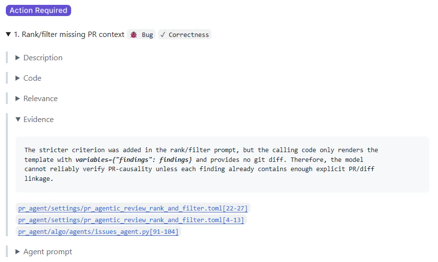 Code review finding evidence section showing rule and linked requirements context