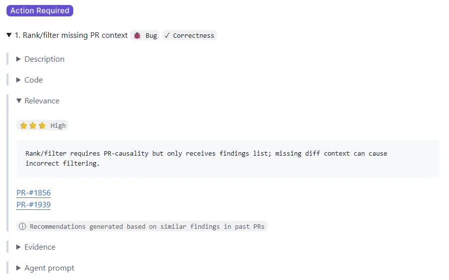 Code review finding relevance section showing similar findings from past pull requests