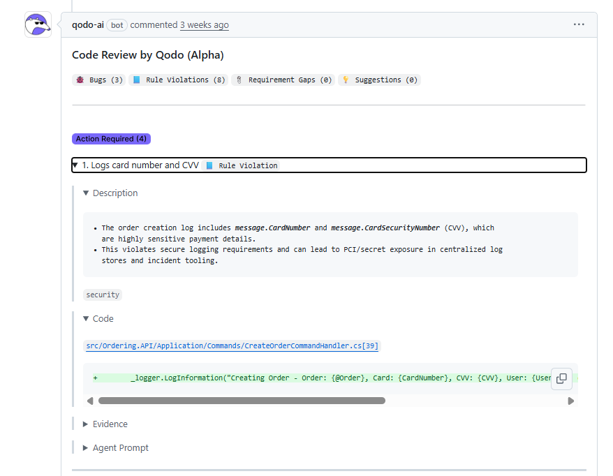 Code review finding showing a security violation with action required priority label