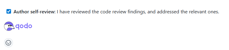 Pull request showing author self-review acknowledgment checkbox