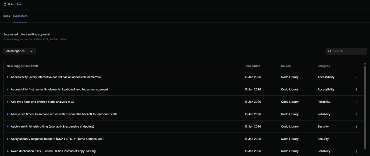 Suggested rules table showing AI-generated rule recommendations awaiting admin approval
