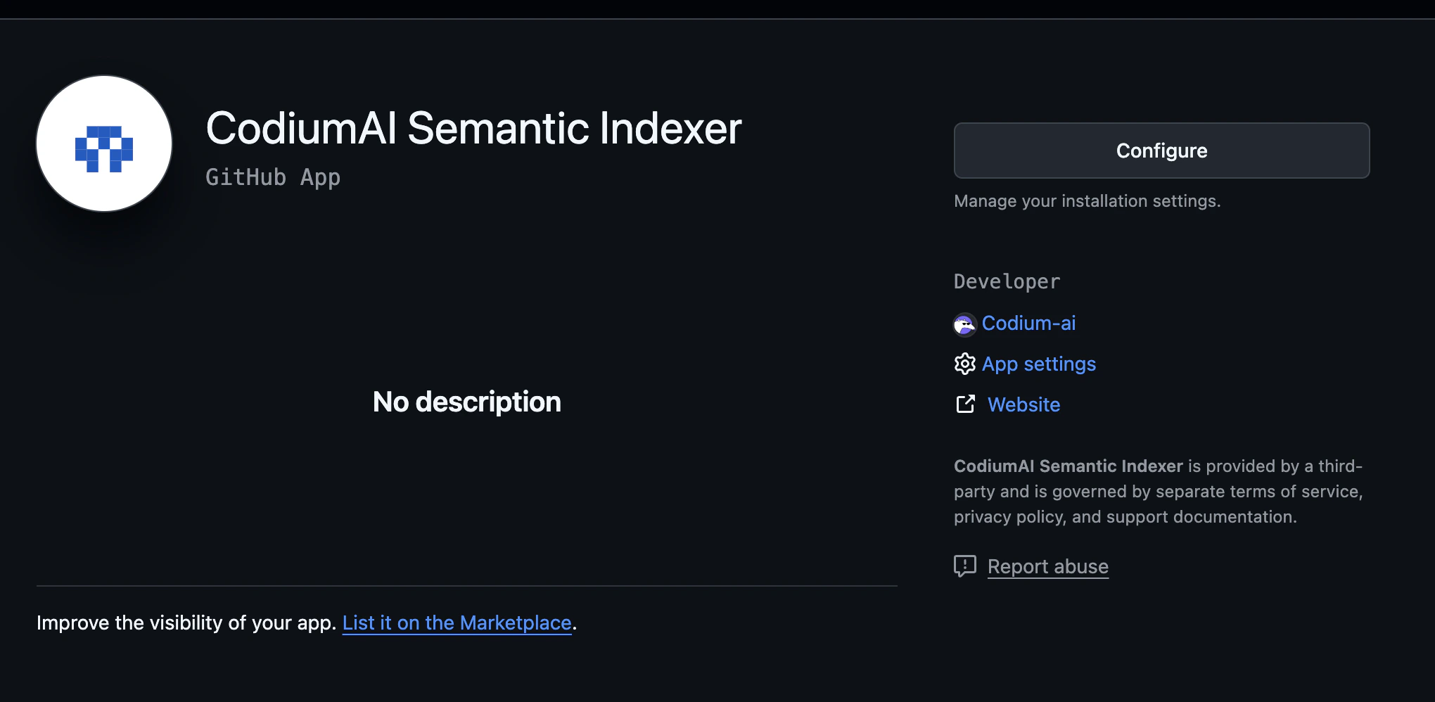CodiumAI Semantic Indexer GitHub App page showing Configure button and developer information