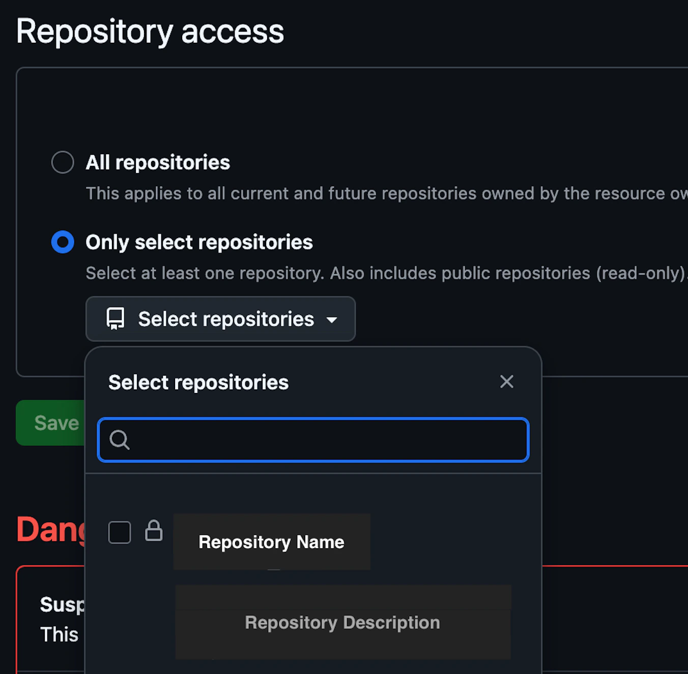 GitHub app repository access settings showing Only select repositories option with search field