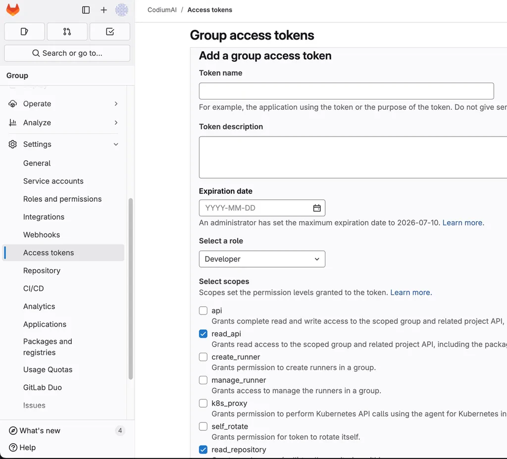 GitLab Group access tokens form with token name, description, expiration date, role, and scopes fields