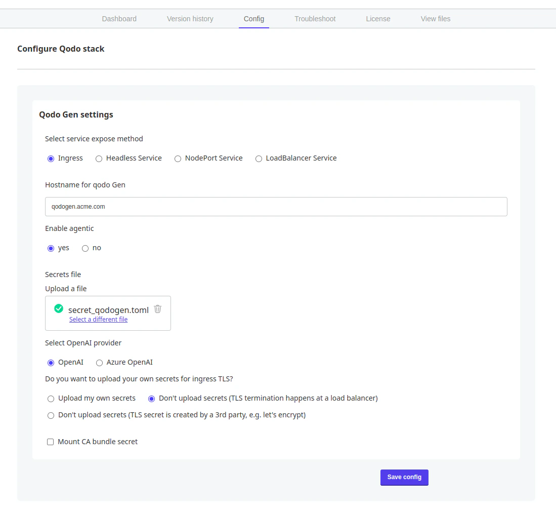 Configure Qodo Gen settings form with hostname, agentic toggle, and secrets file upload fields