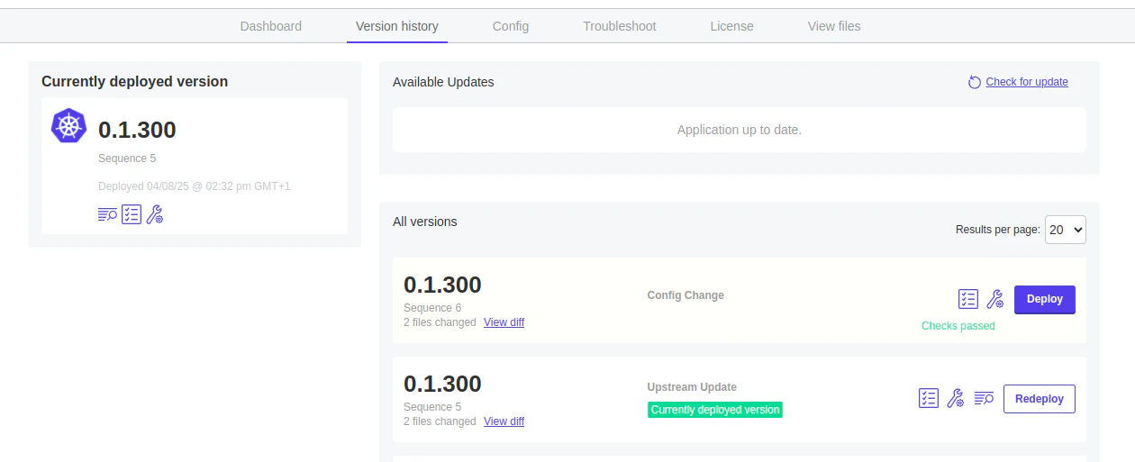 Qodo stack Version history panel showing currently deployed version and available updates