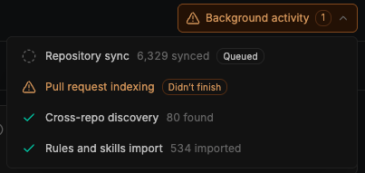 Background activity panel showing Repository sync, Pull request indexing, Cross-repo discovery, and Rules and skills import status