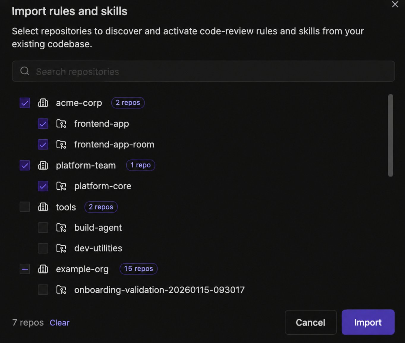 Import rules and skills dialog showing the organization and repository checkbox tree