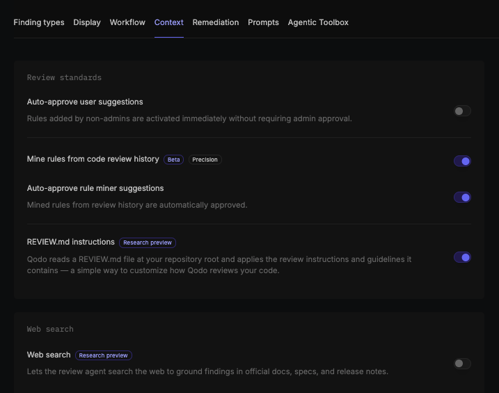 Review standards section of the Context tab, showing Auto-approve user suggestions, Mine rules from code review history, Auto-approve rule miner suggestions, and REVIEW.md instructions