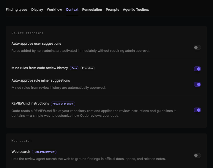 Review standards section of the Context tab, showing Auto-approve user suggestions, Mine rules from code review history, Auto-approve rule miner suggestions, and REVIEW.md instructions