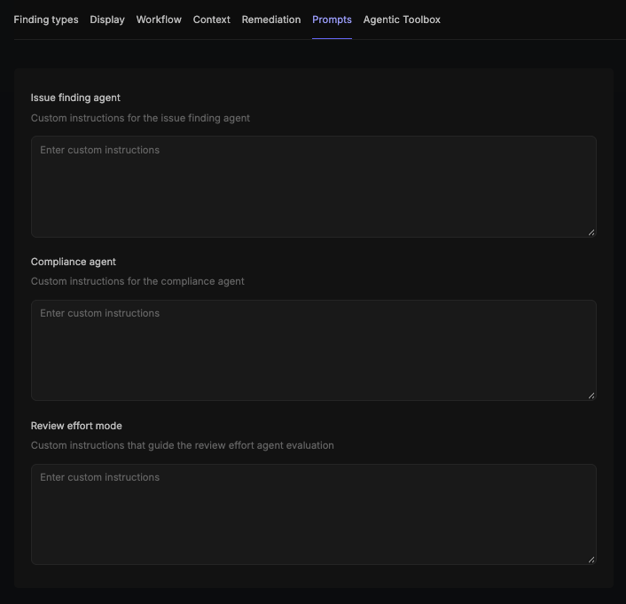 Prompts tab of the Configurations page with text fields for the Issue finding agent, Compliance agent, and Review effort mode
