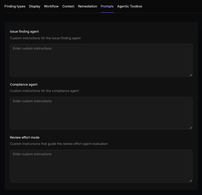 Prompts tab of the Configurations page with text fields for the Issue finding agent, Compliance agent, and Review effort mode