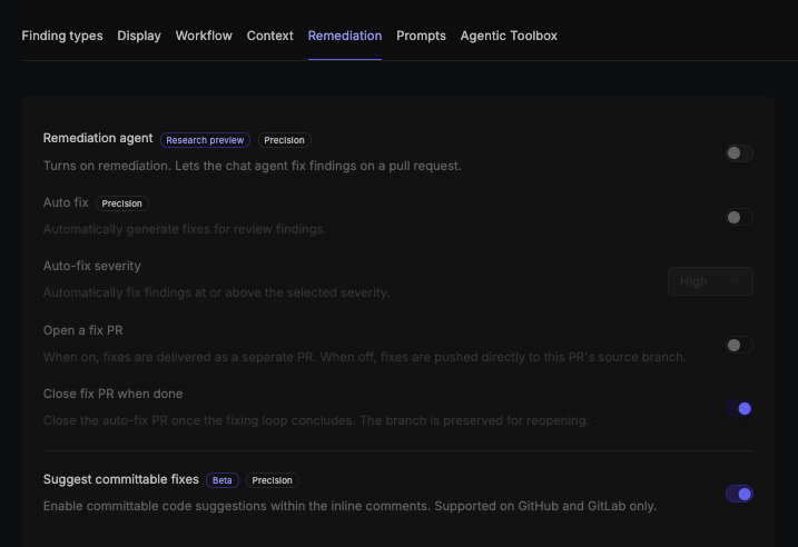 Remediation tab of the Configurations page showing the remediation agent, auto fix, auto-fix severity, open a fix PR, close fix PR when done, and suggest committable fixes settings