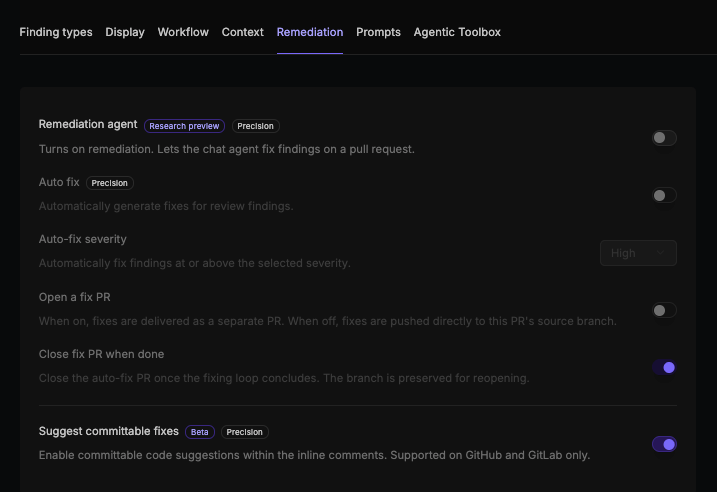 Remediation tab of the Configurations page showing the remediation agent, auto fix, auto-fix severity, open a fix PR, close fix PR when done, and suggest committable fixes settings