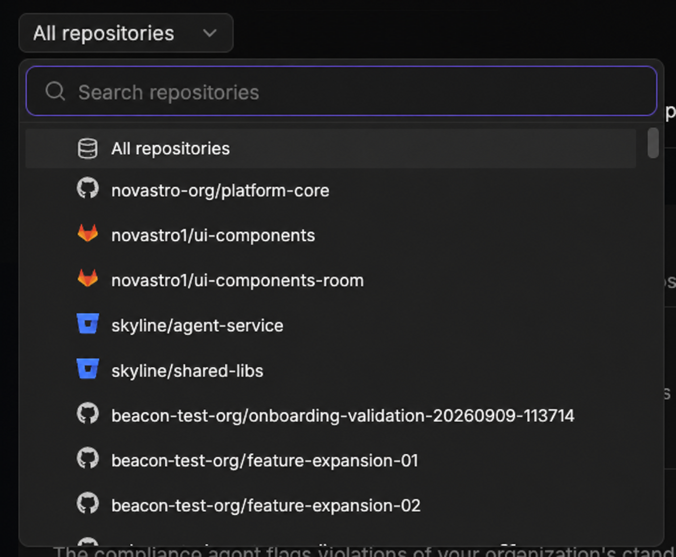 Configurations page repository selector with the All repositories dropdown expanded and the Git provider icons next to it, showing a search box and a list of connected repositories