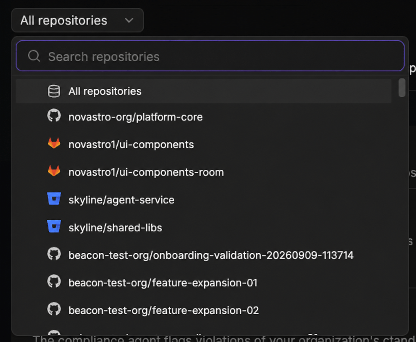 Configurations page repository selector with the All repositories dropdown expanded and the Git provider icons next to it, showing a search box and a list of connected repositories