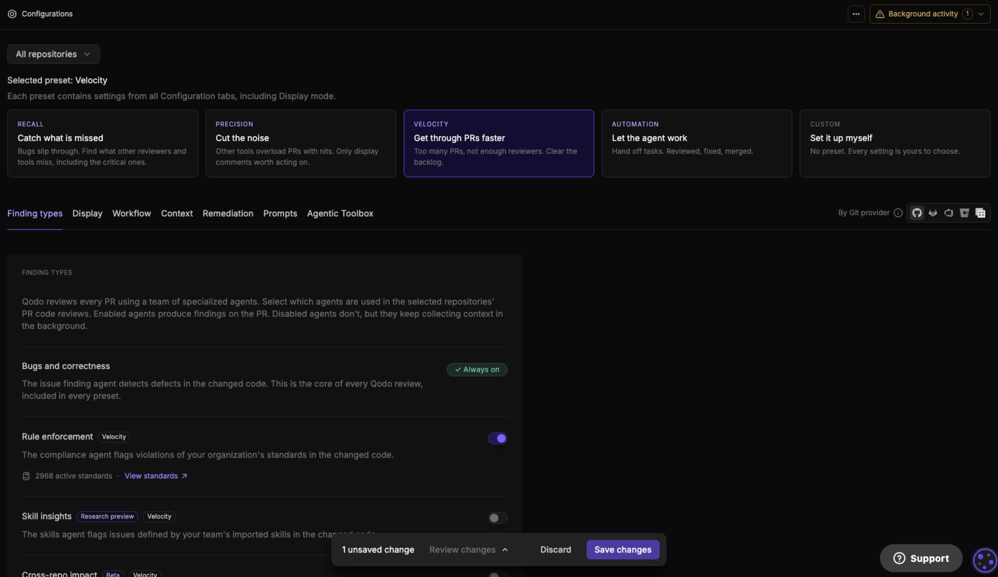 Workflow tab with Review every push marked Customized and its Revert to preset button, alongside the Revert to preset button in the top-right corner of the page