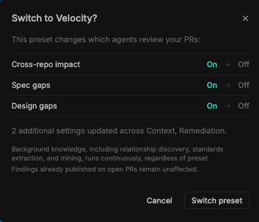 Switch to Velocity? confirmation dialog, naming the finding-type agents that change and summarizing additional settings updated across Context and Remediation