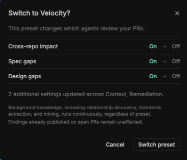 Switch to Velocity? confirmation dialog, naming the finding-type agents that change and summarizing additional settings updated across Context and Remediation