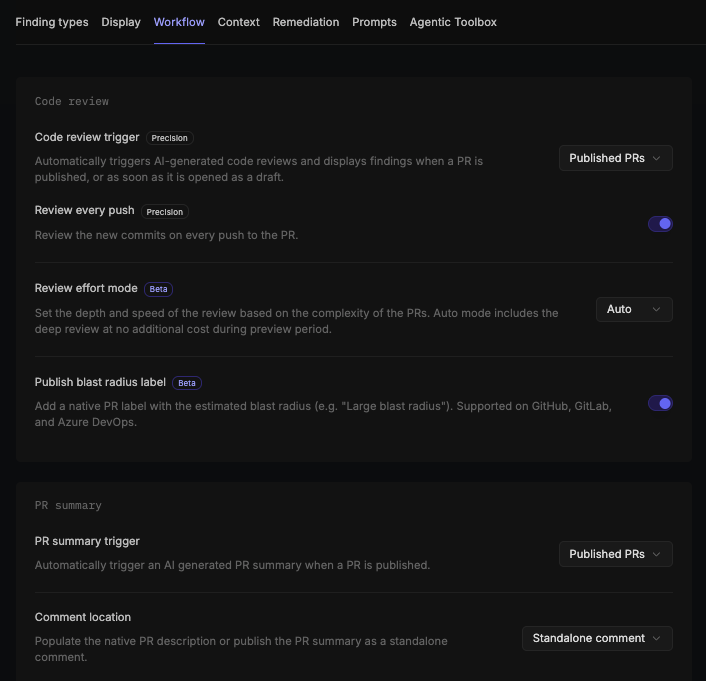 Code review section of the Workflow tab, showing preset badges on Code review trigger and Review every push