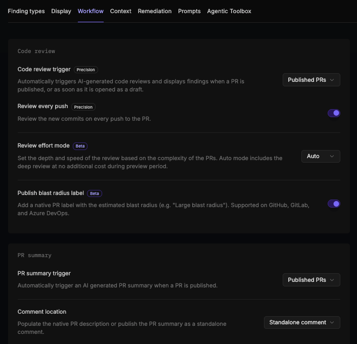 Code review section of the Workflow tab, showing preset badges on Code review trigger and Review every push