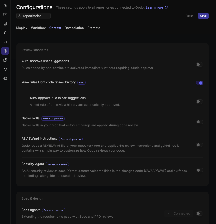 Review standards section of the Context tab, showing Auto-approve user suggestions, Mine rules from code review history, Auto-approve rule miner suggestions, Native skills, REVIEW.md instructions, and Security Agent