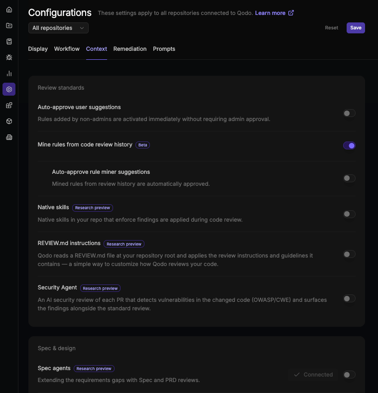 Review standards section of the Context tab, showing Auto-approve user suggestions, Mine rules from code review history, Auto-approve rule miner suggestions, Native skills, REVIEW.md instructions, and Security Agent