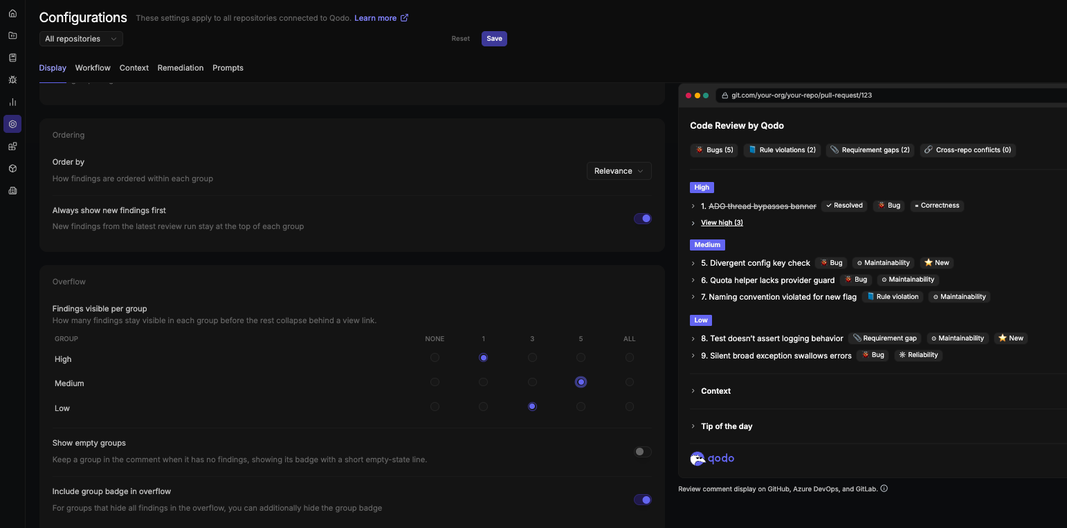 Overflow section of the Display tab, showing the Findings visible per group matrix for High, Medium, and Low, Show empty groups, and Include group badge in overflow, alongside a live preview of the review comment