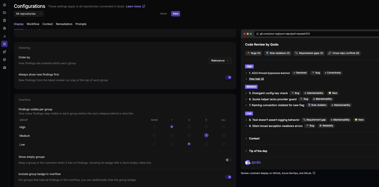 Overflow section of the Display tab, showing the Findings visible per group matrix for High, Medium, and Low, Show empty groups, and Include group badge in overflow, alongside a live preview of the review comment