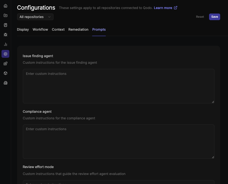 Prompts tab of the Configurations page with text fields for the Issue finding agent, Compliance agent, and Review effort mode