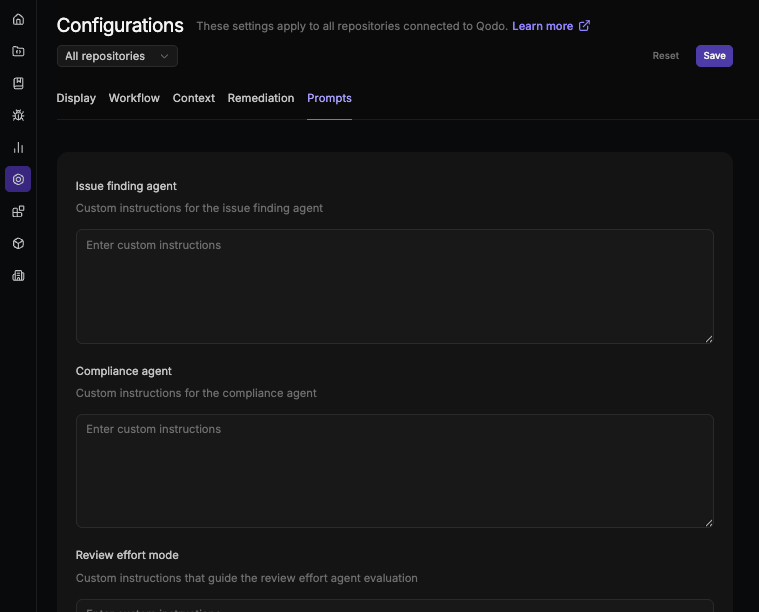 Prompts tab of the Configurations page with text fields for the Issue finding agent, Compliance agent, and Review effort mode