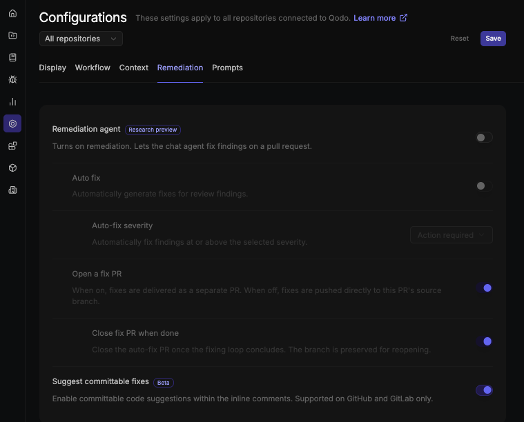 Remediation tab of the Configurations page showing the remediation agent, auto fix, auto-fix severity, open a fix PR, close fix PR when done, and suggest committable fixes settings