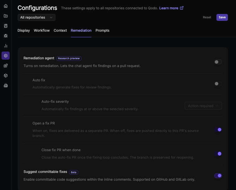 Remediation tab of the Configurations page showing the remediation agent, auto fix, auto-fix severity, open a fix PR, close fix PR when done, and suggest committable fixes settings