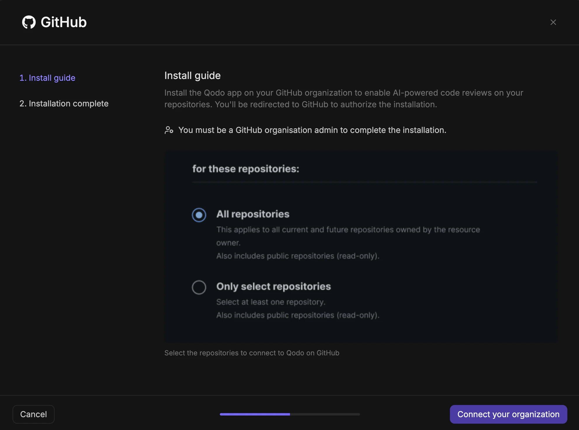 GitHub MT wizard install guide step showing repository scope options