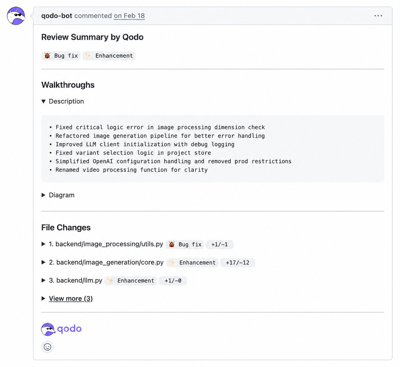 Pull request summary comment showing tags, walkthroughs, and file changes